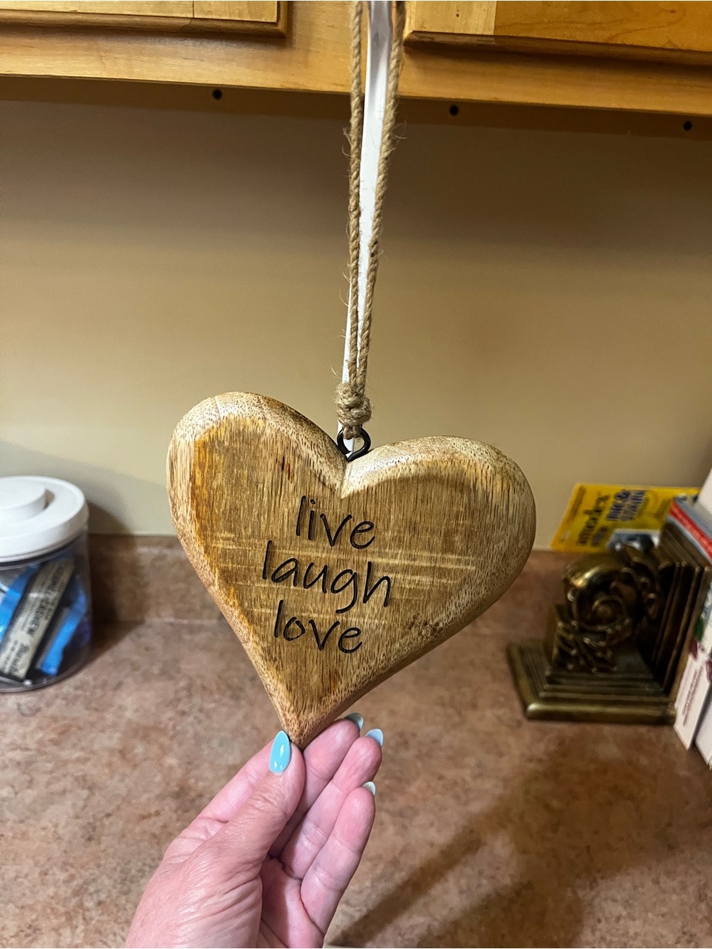 Wooden Heart Hanging Sign "Live Laugh Love" - Natural Wood